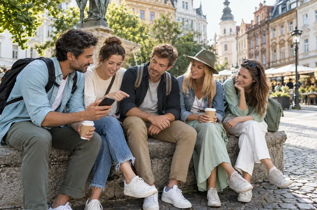 Fünf Freunde sitzen auf einer Mauer an einem Stadtplatz und schauen gemeinsam auf ein Handy.