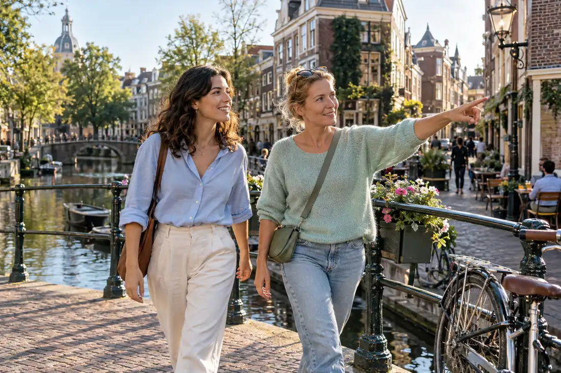 Zwei Frauen gehen an einem Kanal entlang, eine zeigt in die Ferne.